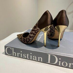 Rene Caovilla Gold & Brown Crystal-Embellished Satin Pointed-Toe High Heels 39.5